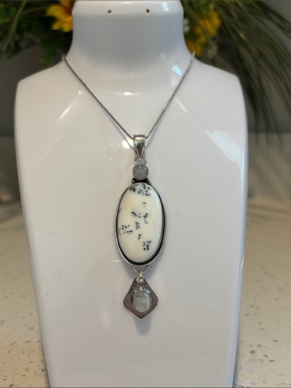 Sterling Silver White and Gray Dendritic Opal Rainbow Gemstone Pendant Necklace